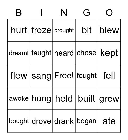 Irregular past tense verbs Bingo Card