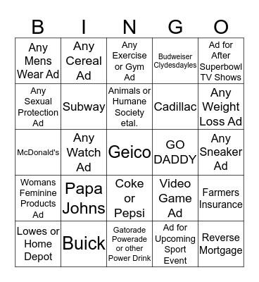 SUPERBOWL COMMERCIAL BINGO Card