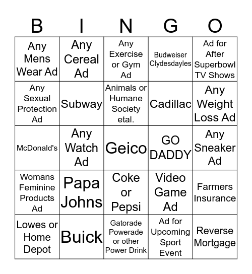 SUPERBOWL COMMERCIAL BINGO Card