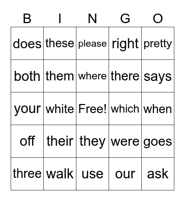 2nd grade sight words Bingo Card