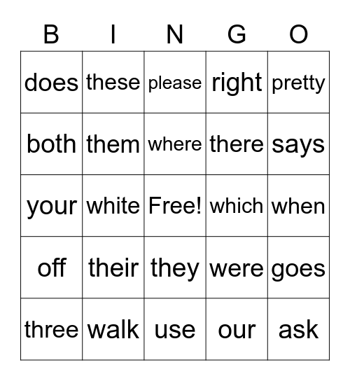 2nd grade sight words Bingo Card