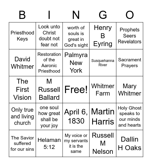 Doctrine and Covenants Doctrinal Mastery Bingo Card
