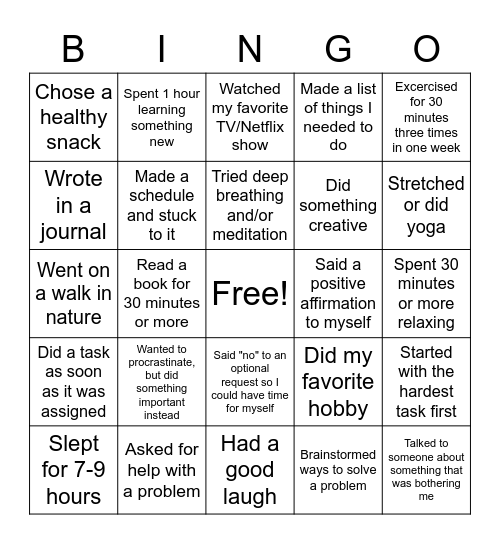 Stress Reducers Bingo Card