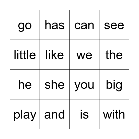 Sight Words Bingo Card