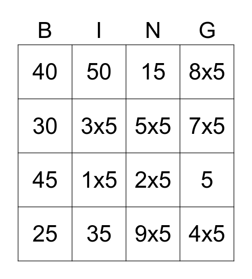 Tafel van 5 Bingo Card