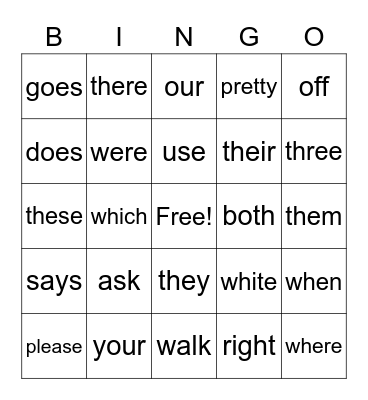 2nd Grade Sight Words Bingo Card