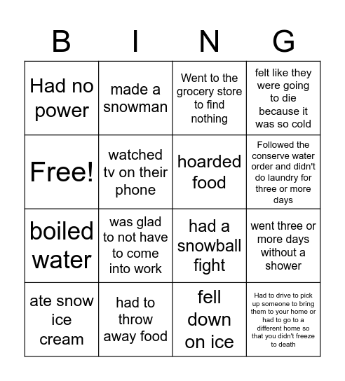 Snowpocolapyse Bingo Card