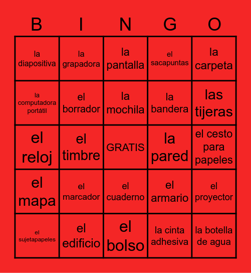 Classroom objects Bingo Card