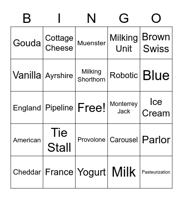 Dairy Bingo Card