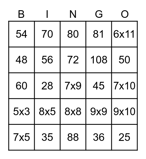 Multiplication  Bingo Card
