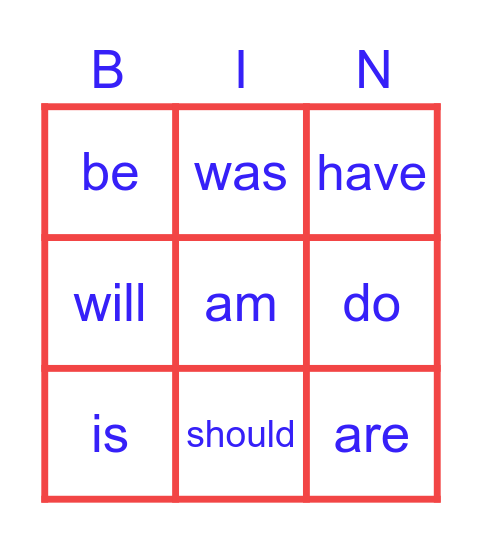 Helping Verbs Bingo Card