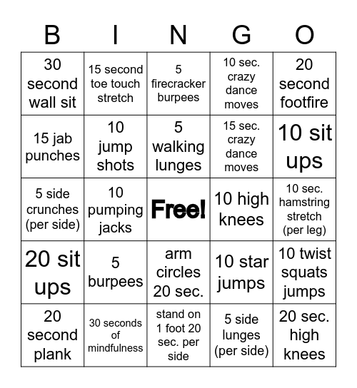 Mrs. Wing's Physical Activity BINGO Card