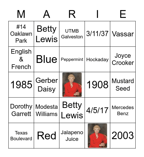 Marie Hall Bingo Card