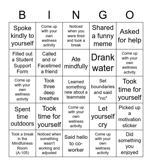 Wellness Bingo Card