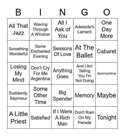 DJ Bingo - Broadway! Bingo Card
