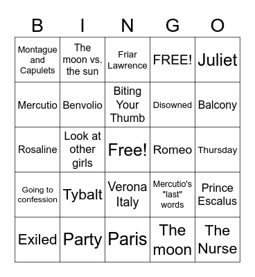Romeo and Juliet Review Bingo Card
