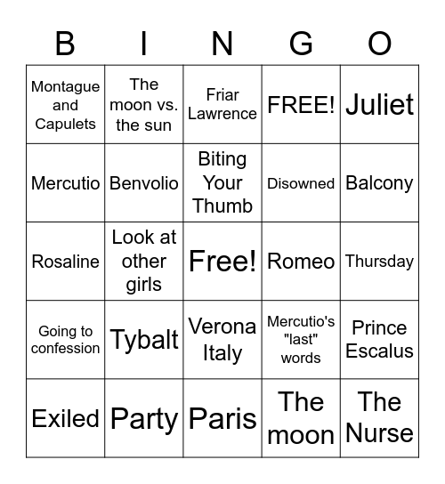 Romeo and Juliet Review Bingo Card