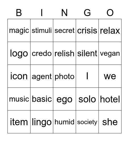 Open syllable words Bingo Card