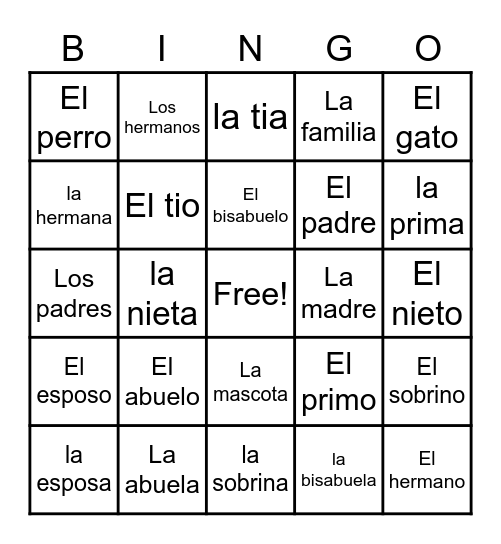 Familia Vocabulary Bingo Card