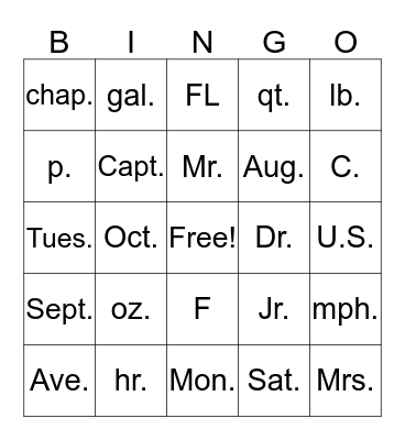 Abbreviations Bingo Card