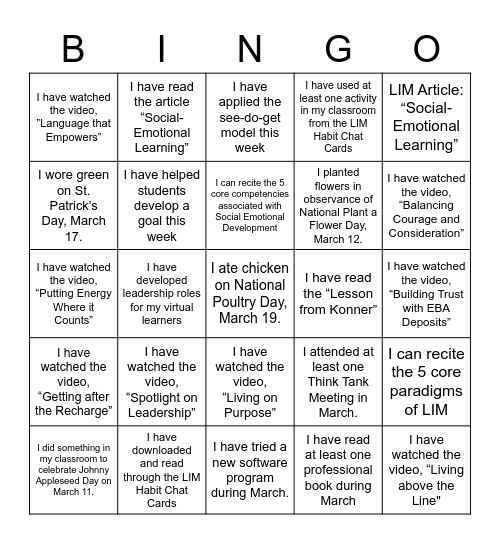March Madness Bingo Card