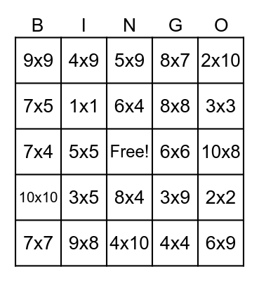 Multiplication Bingo Card