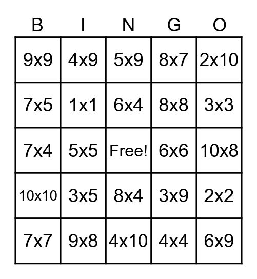 Multiplication Bingo Card