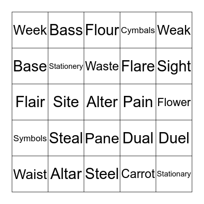 Homophone Bingo Card