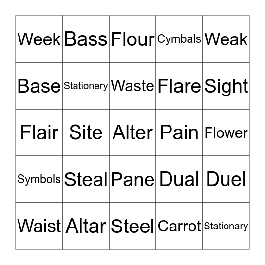 Homophone Bingo Card