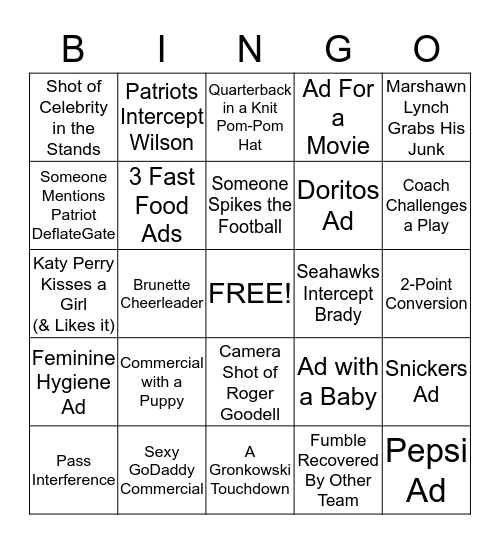 Super Bowl Bingo Card