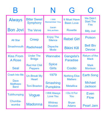 DJ Bingo - 90's Hits Bingo Card