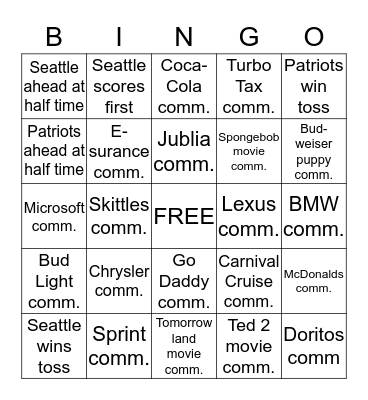 SUPER BOWL 2015 Bingo Card