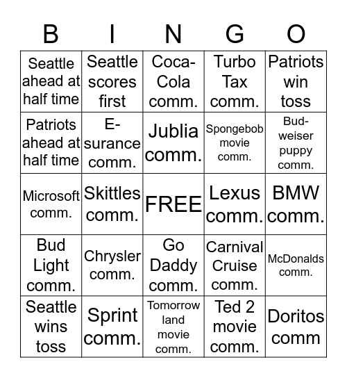 SUPER BOWL 2015 Bingo Card