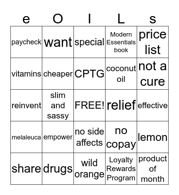 Super Bowl Oil Bingo Card