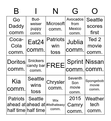 SUPER BOWL 2015 Bingo Card