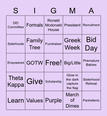 SIGMA SIGMA SIGMA Bingo Card