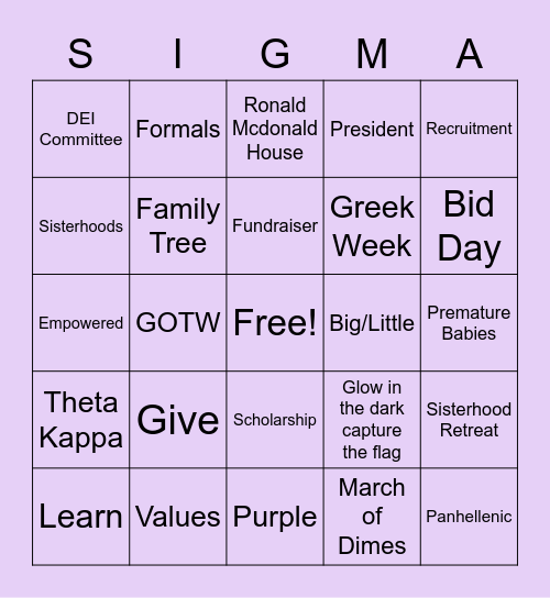 SIGMA SIGMA SIGMA Bingo Card