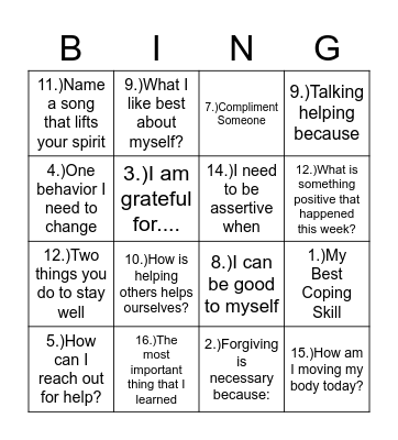 Mental Health Bingo Card