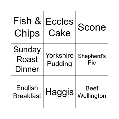 Traditional UK Dishes Bingo Card