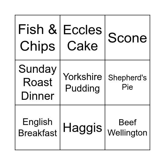 Traditional UK Dishes Bingo Card