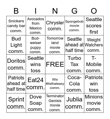 SUPER BOWL 2015 Bingo Card