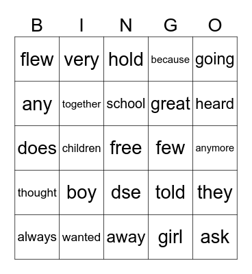 Sight Words Bingo Card