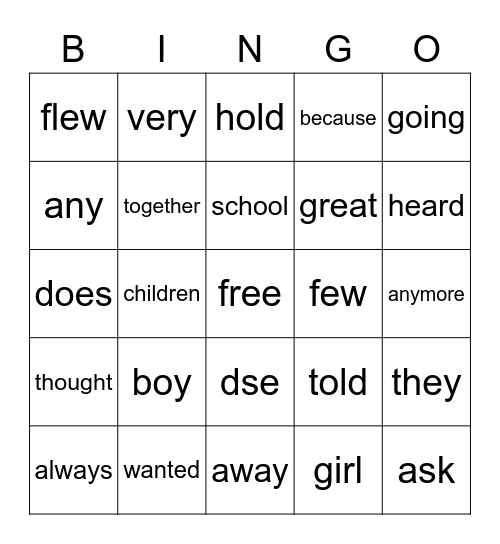 Sight Words Bingo Card