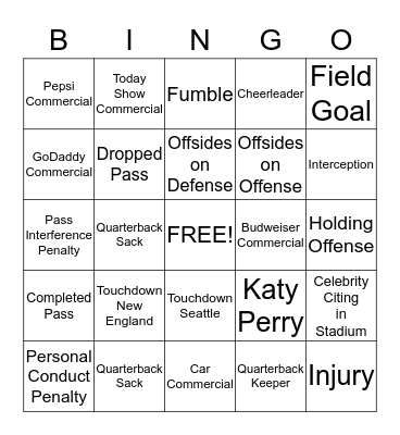 Super Bowl 2015 Bingo Card