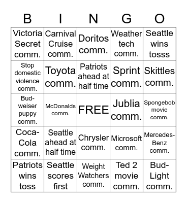 SUPER BOWL 2015 Bingo Card