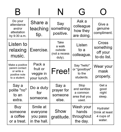 Wellness Bingo Card Bingo Card