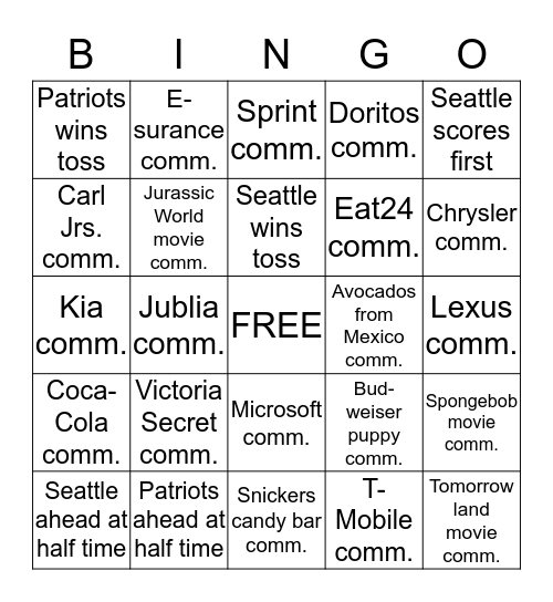 SUPER BOWL 2015 Bingo Card