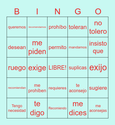 Wishing/Wanting/Wequesting verbs Bingo Card