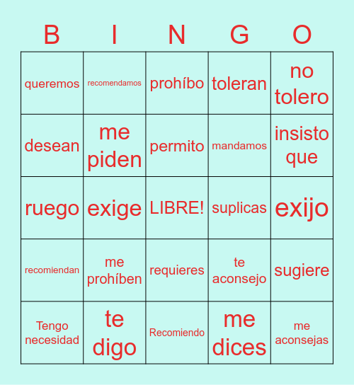 Wishing/Wanting/Wequesting verbs Bingo Card