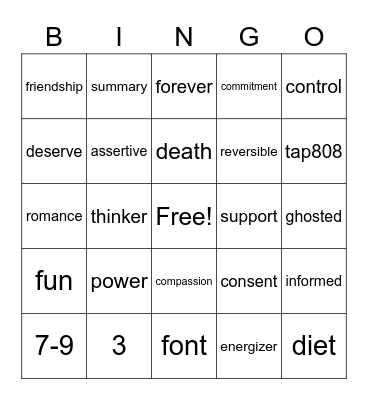 Peer Ed Bingo Card